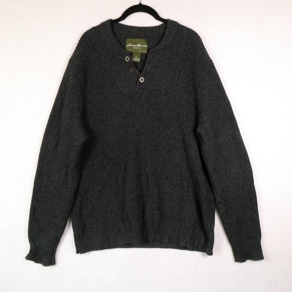 Eddie Bauer Grey Knit Henley Sweater Size M 3 Button Fisherman Coastal Cozy
